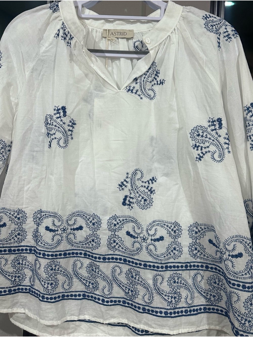 Astrid White Cotton Embroidered Peasant Blouse with Blue Paisley